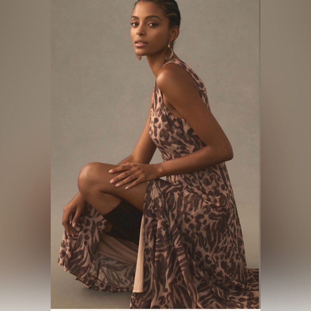 Anthropologie Pilcro Seamed V-Neck Dress in Brown Animal Print, Size S